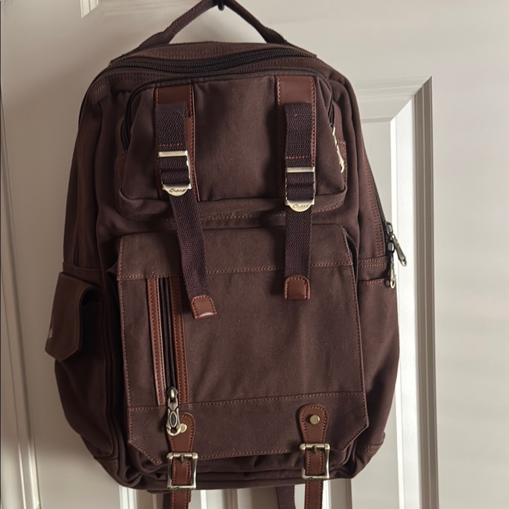 Brown canvas  backpack with real leather trim